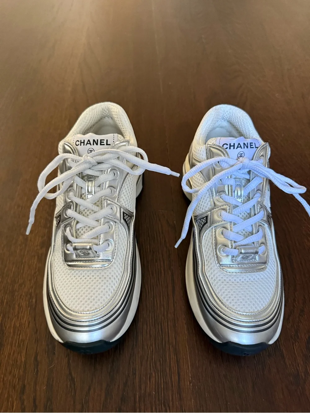 CHANEL White and Silver Metallic Leather Mesh Sneakers - Trainers - 37